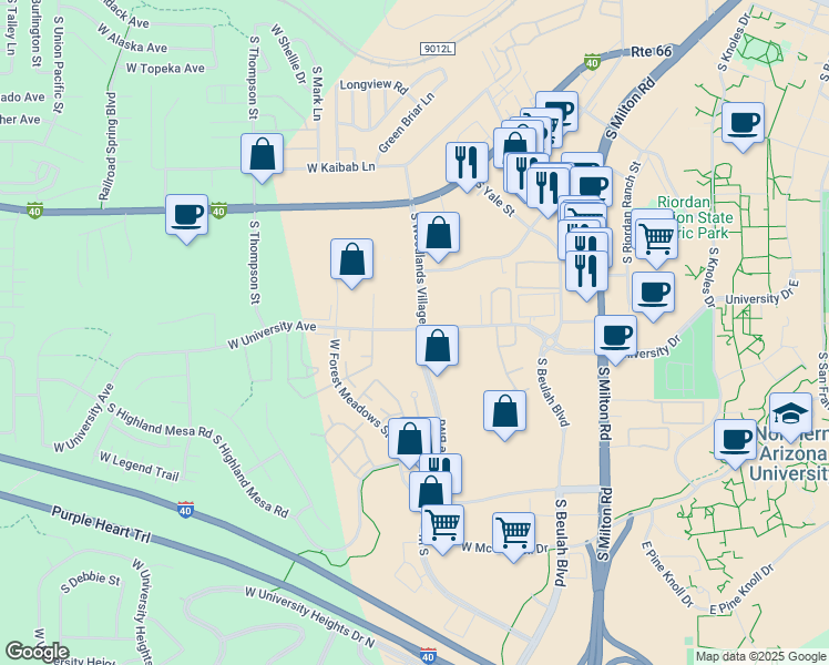 map of restaurants, bars, coffee shops, grocery stores, and more near 1959 West University Avenue in Flagstaff
