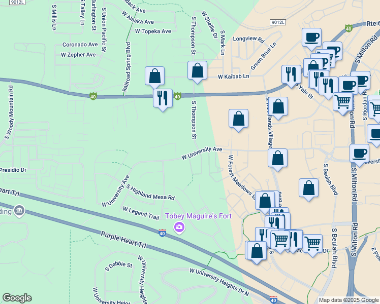 map of restaurants, bars, coffee shops, grocery stores, and more near 1600 West University Avenue in Flagstaff