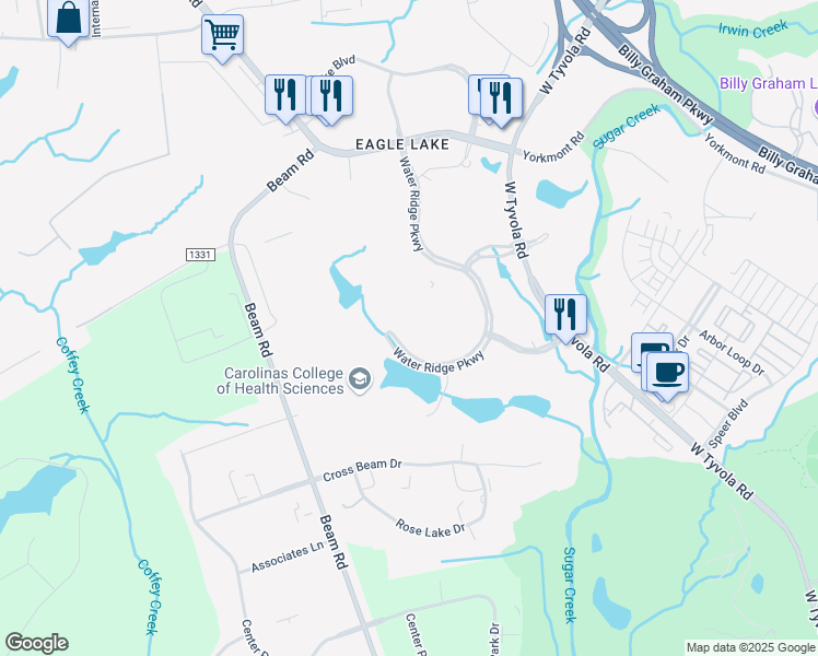 map of restaurants, bars, coffee shops, grocery stores, and more near 2105 Water Ridge Parkway in Charlotte