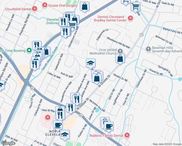 map of restaurants, bars, coffee shops, grocery stores, and more near 209 Sunset Drive Northwest in Cleveland