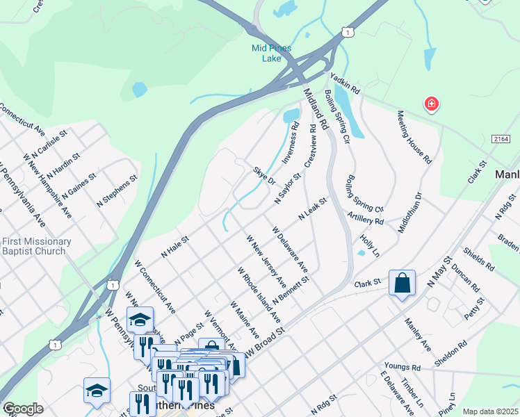 map of restaurants, bars, coffee shops, grocery stores, and more near 17 Villagewood Circle in Southern Pines