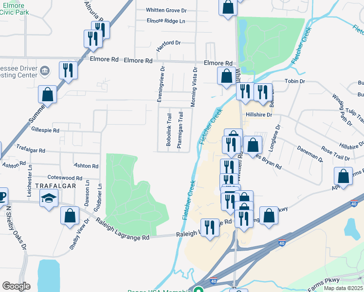 map of restaurants, bars, coffee shops, grocery stores, and more near 2142 Ptarmigan Trail in Memphis