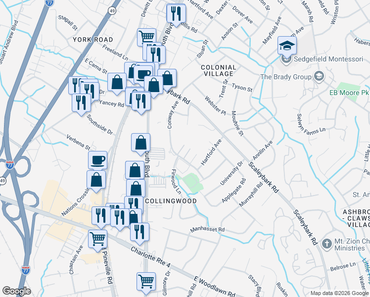 map of restaurants, bars, coffee shops, grocery stores, and more near in Charlotte