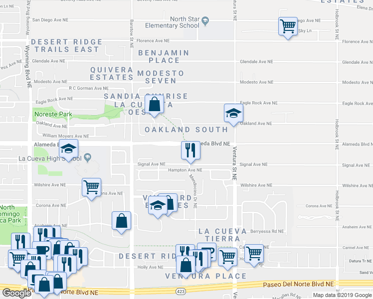 map of restaurants, bars, coffee shops, grocery stores, and more near 8750 Alameda Boulevard Northeast in Albuquerque