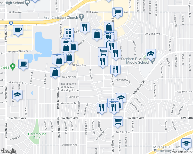 map of restaurants, bars, coffee shops, grocery stores, and more near 2809 Southwest 27th Avenue in Amarillo