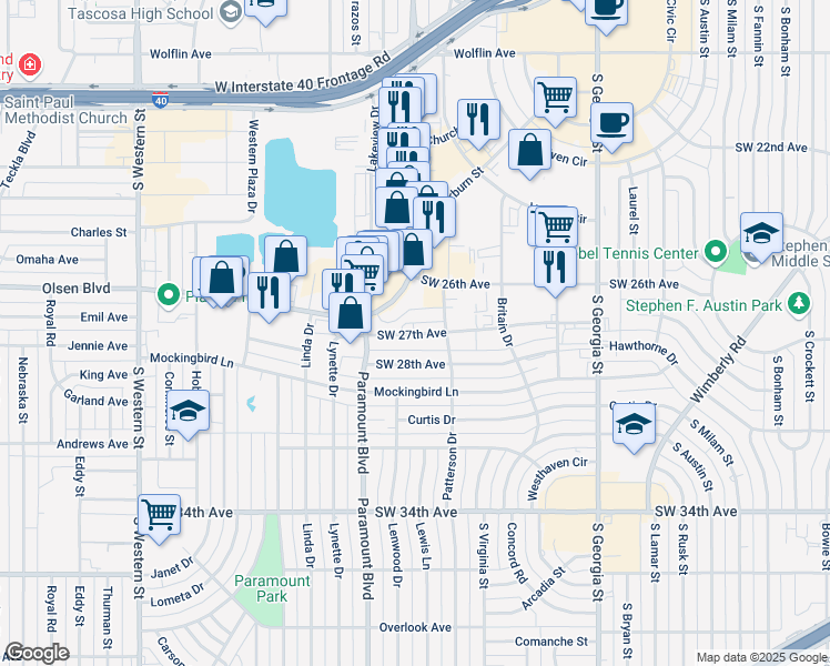 map of restaurants, bars, coffee shops, grocery stores, and more near 3112 Southwest 27th Avenue in Amarillo