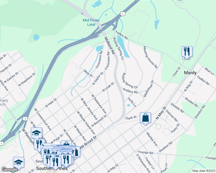 map of restaurants, bars, coffee shops, grocery stores, and more near 304 Crestview Road in Southern Pines