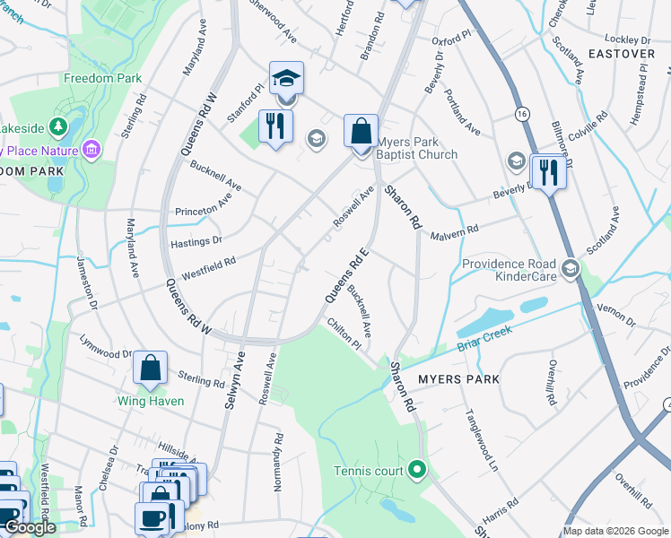 map of restaurants, bars, coffee shops, grocery stores, and more near 2128 Queens Rd E in Charlotte