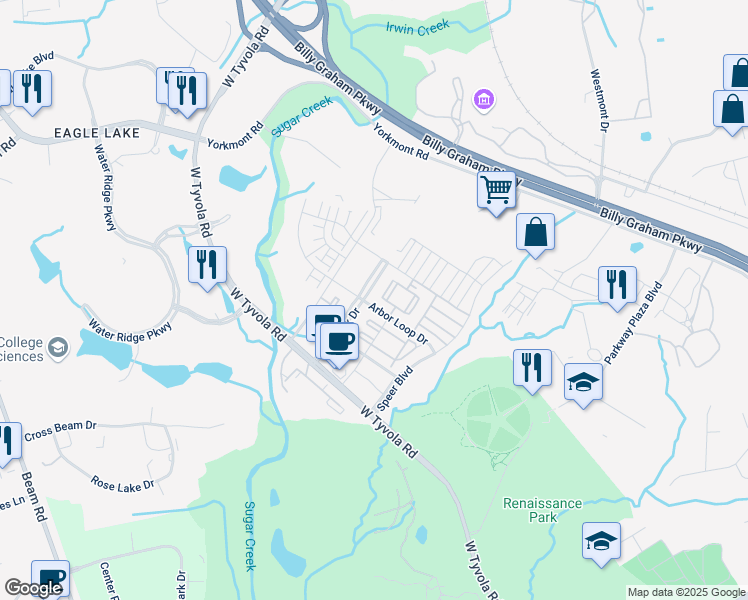map of restaurants, bars, coffee shops, grocery stores, and more near 2114 Piedmont Hills Place in Charlotte