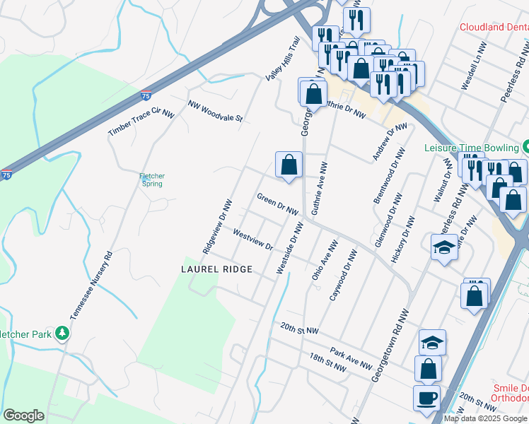 map of restaurants, bars, coffee shops, grocery stores, and more near 1845 Green Drive Northwest in Cleveland
