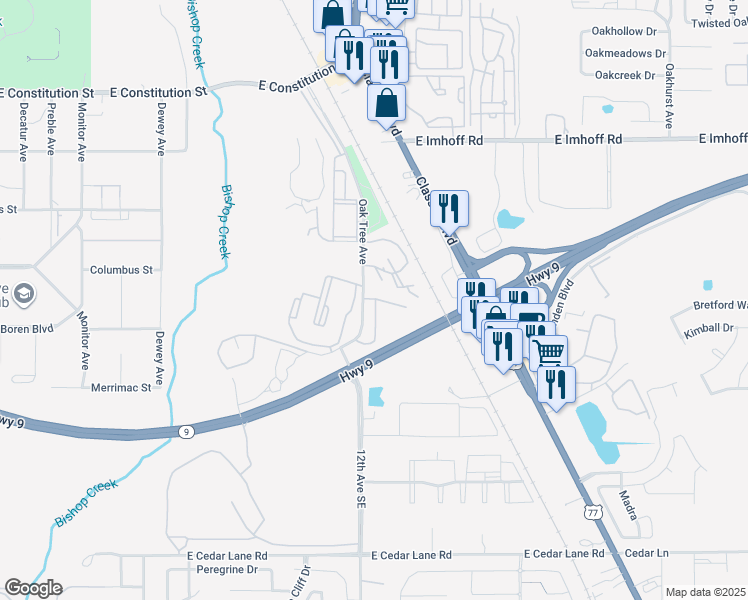 map of restaurants, bars, coffee shops, grocery stores, and more near 711 Oak Tree Avenue in Norman