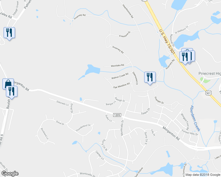 map of restaurants, bars, coffee shops, grocery stores, and more near 50 Oak Meadows in Pinehurst