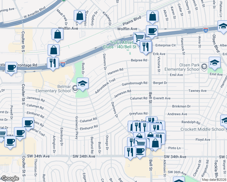 map of restaurants, bars, coffee shops, grocery stores, and more near 6110 Jameson Road in Amarillo