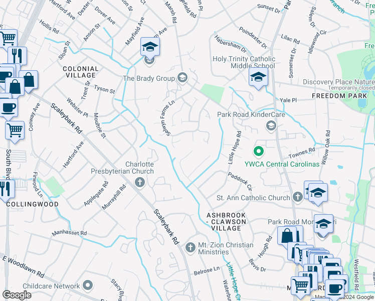 map of restaurants, bars, coffee shops, grocery stores, and more near 508 Heather Lane in Charlotte