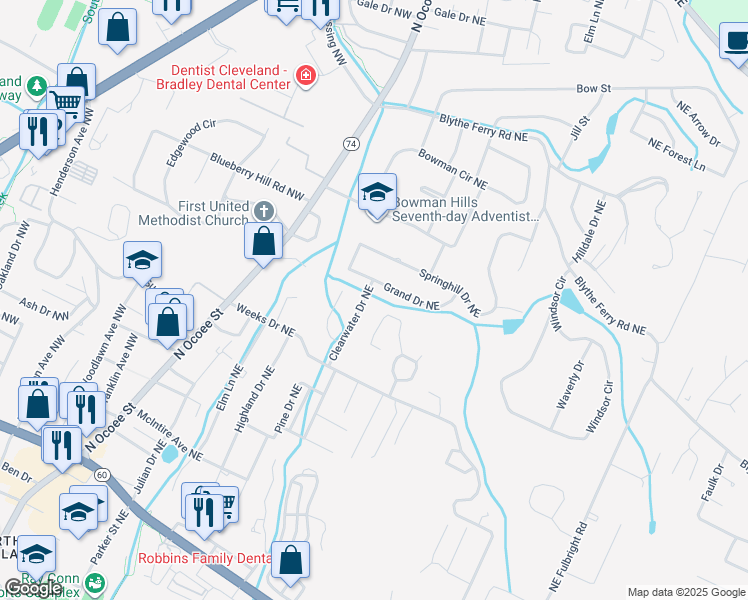map of restaurants, bars, coffee shops, grocery stores, and more near 3446 Clearwater Dr NE in Cleveland