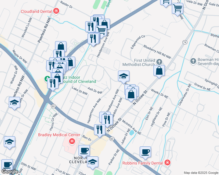 map of restaurants, bars, coffee shops, grocery stores, and more near 2901 Henderson Avenue Northwest in Cleveland