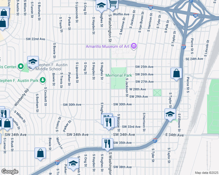 map of restaurants, bars, coffee shops, grocery stores, and more near 2799 South Washington Street in Amarillo