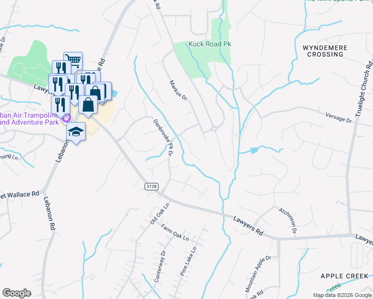 map of restaurants, bars, coffee shops, grocery stores, and more near 6509 Danbrooke Park Drive in Mint Hill