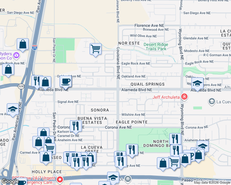 map of restaurants, bars, coffee shops, grocery stores, and more near 6708 Alameda Boulevard Northeast in Albuquerque