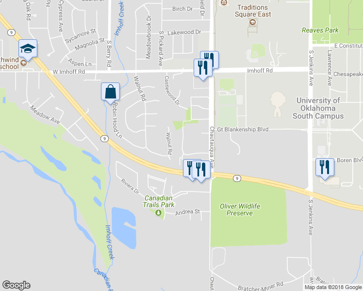 map of restaurants, bars, coffee shops, grocery stores, and more near 3202 Ridgecrest Circle in Norman