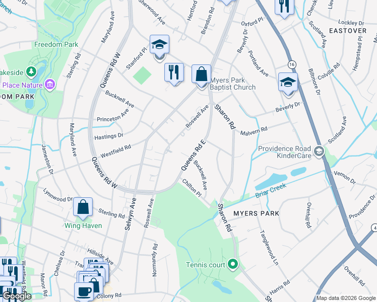 map of restaurants, bars, coffee shops, grocery stores, and more near 2128 Queens Road East in Charlotte
