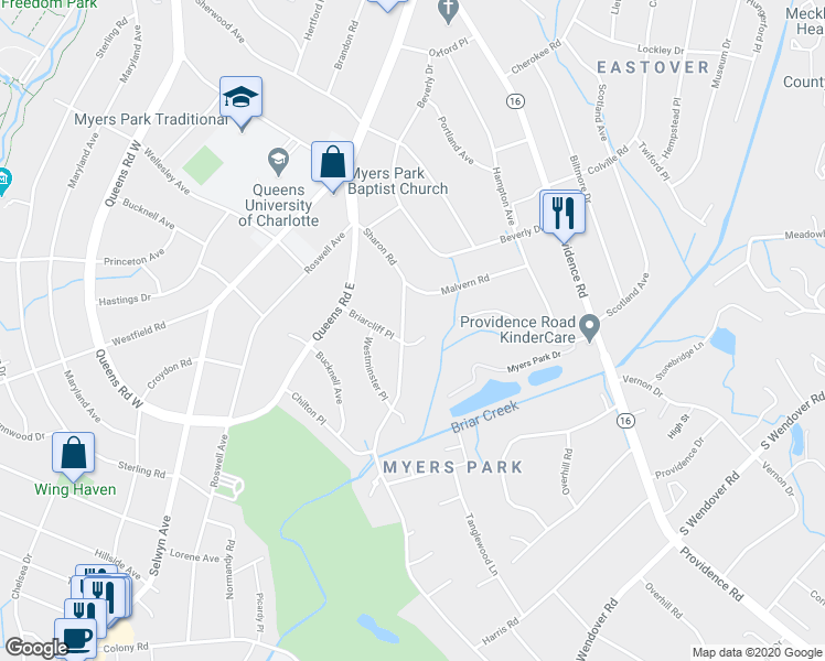 map of restaurants, bars, coffee shops, grocery stores, and more near 2137 Sharon Road in Charlotte