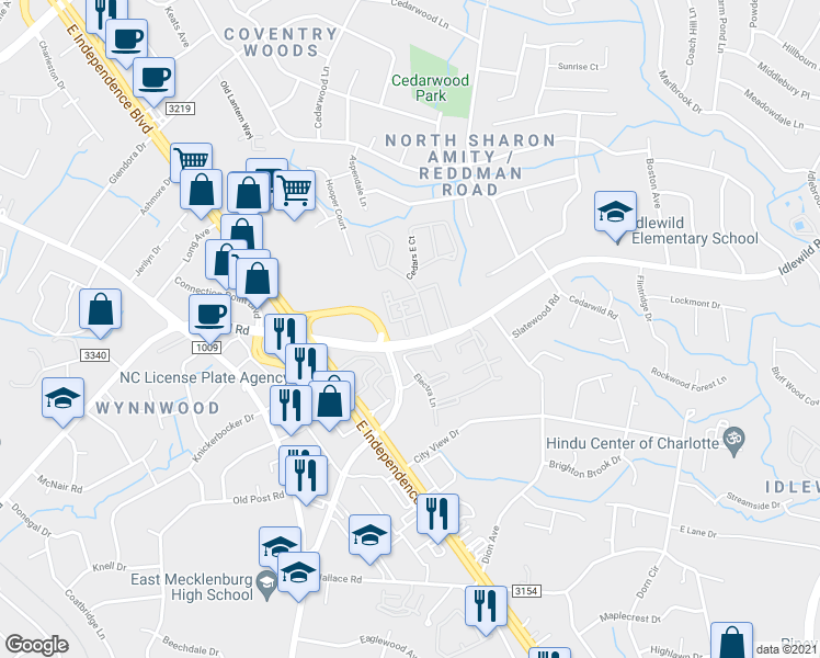 map of restaurants, bars, coffee shops, grocery stores, and more near 5834 Cedars East Court in Charlotte