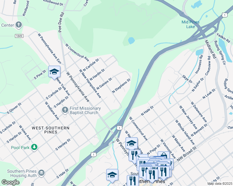 map of restaurants, bars, coffee shops, grocery stores, and more near 863 West Connecticut Avenue in Southern Pines