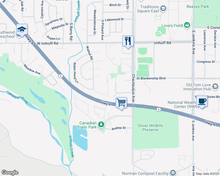 map of restaurants, bars, coffee shops, grocery stores, and more near 3209 Walnut Road in Norman