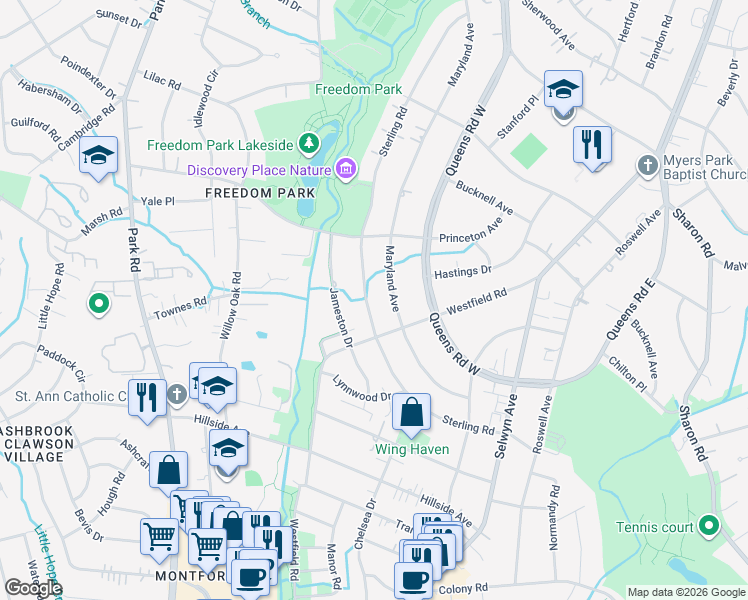 map of restaurants, bars, coffee shops, grocery stores, and more near 1761 Sterling Road in Charlotte