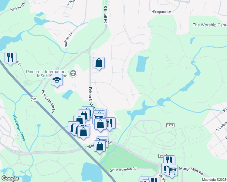 map of restaurants, bars, coffee shops, grocery stores, and more near 213 Plantation Drive in Southern Pines