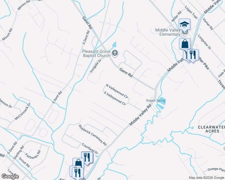 map of restaurants, bars, coffee shops, grocery stores, and more near 812 North Valleywood Circle in Middle Valley