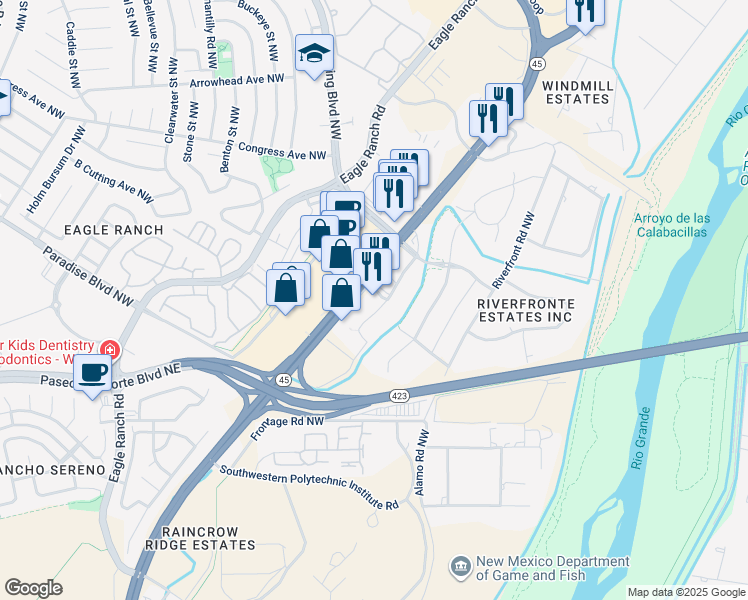map of restaurants, bars, coffee shops, grocery stores, and more near 9370 Coors Boulevard Northwest in Albuquerque