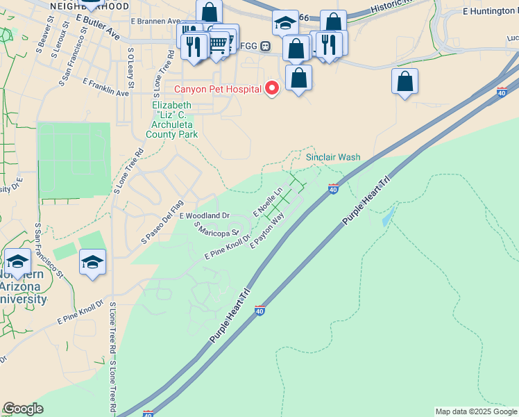 map of restaurants, bars, coffee shops, grocery stores, and more near 13 East Noelle Lane in Flagstaff
