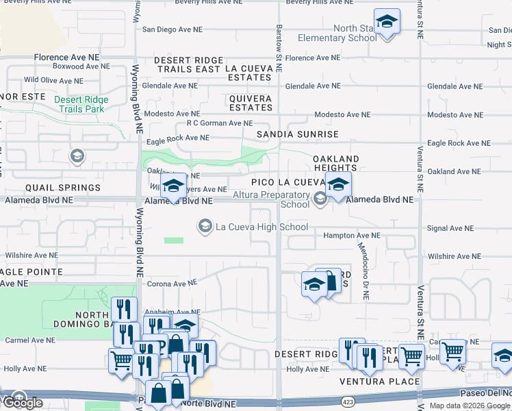 map of restaurants, bars, coffee shops, grocery stores, and more near 8215 Tierra Linda Place Northeast in Albuquerque