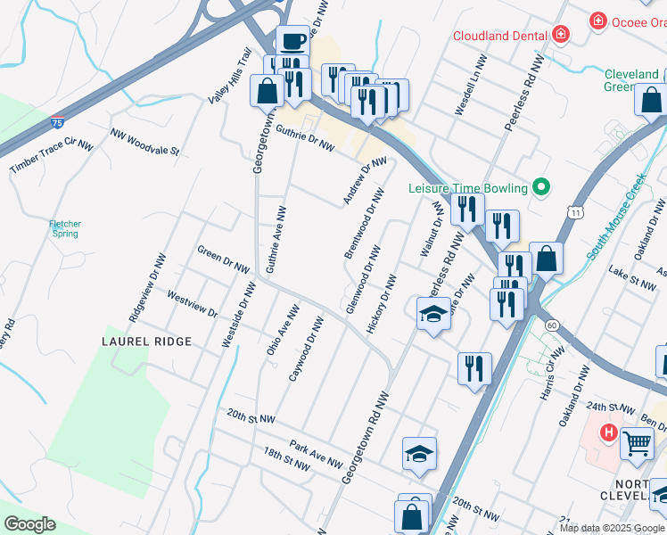 map of restaurants, bars, coffee shops, grocery stores, and more near 2300 Georgetown Road Northwest in Cleveland