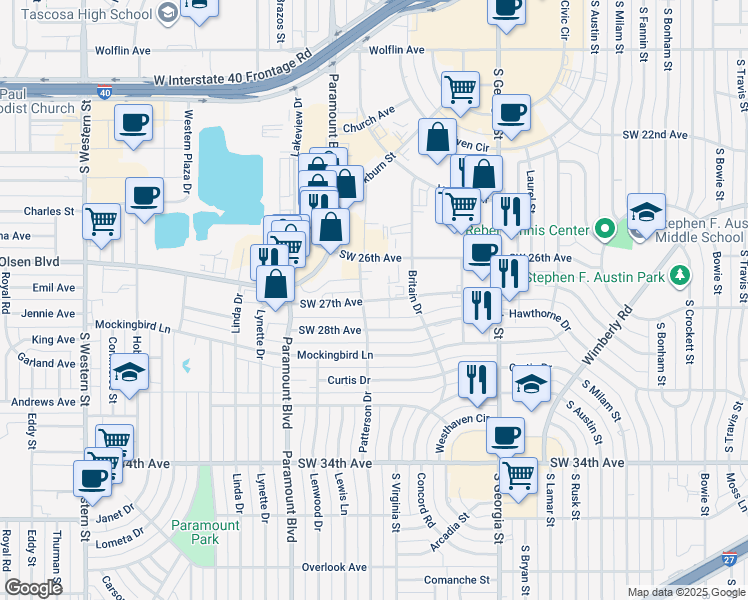 map of restaurants, bars, coffee shops, grocery stores, and more near 3009 Southwest 27th Avenue in Amarillo