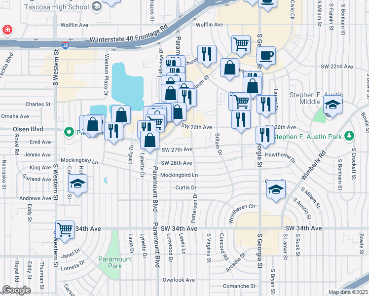 map of restaurants, bars, coffee shops, grocery stores, and more near 3110 Southwest 27th Avenue in Amarillo