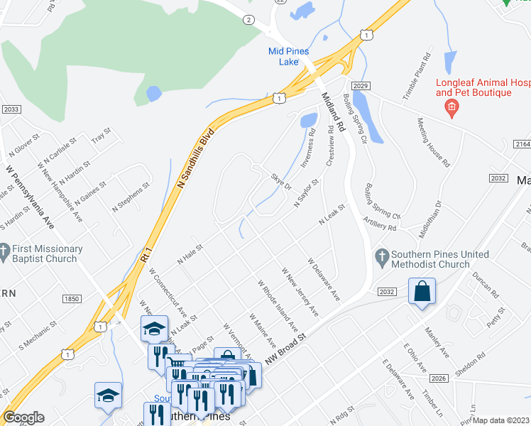 map of restaurants, bars, coffee shops, grocery stores, and more near 15 Villagewood Circle in Southern Pines