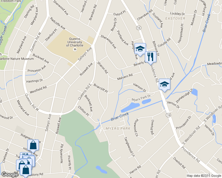map of restaurants, bars, coffee shops, grocery stores, and more near 2137 Sharon Road in Charlotte