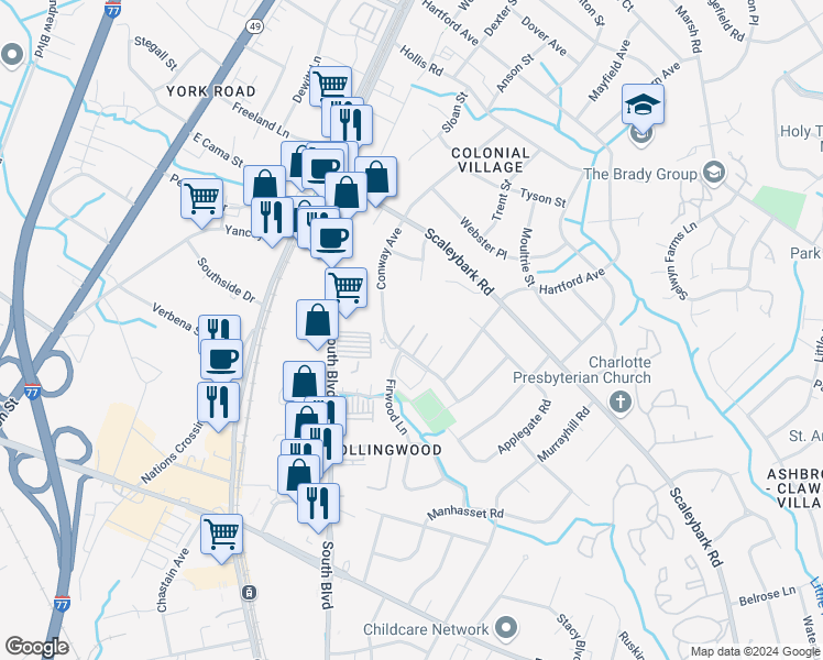 map of restaurants, bars, coffee shops, grocery stores, and more near 4105 Conway Avenue in Charlotte