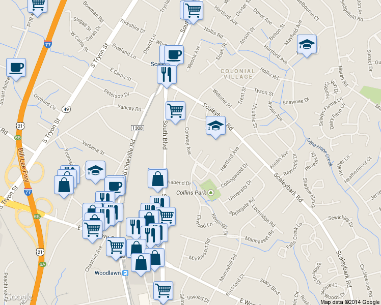 map of restaurants, bars, coffee shops, grocery stores, and more near 4034 Conway Avenue in Charlotte