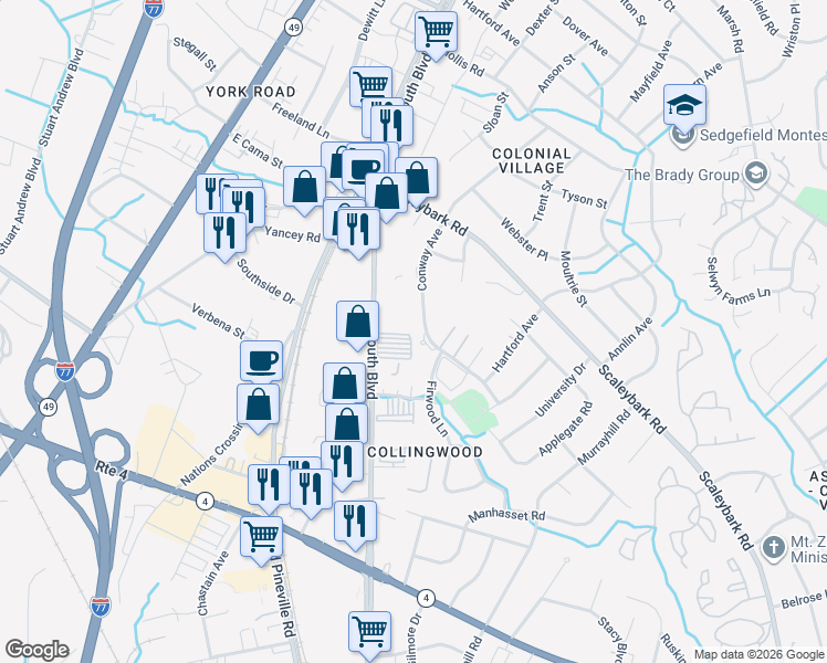 map of restaurants, bars, coffee shops, grocery stores, and more near 4034 Conway Avenue in Charlotte