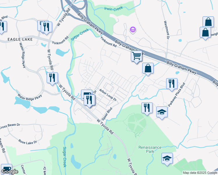 map of restaurants, bars, coffee shops, grocery stores, and more near 2210 Arbor Loop Drive in Charlotte