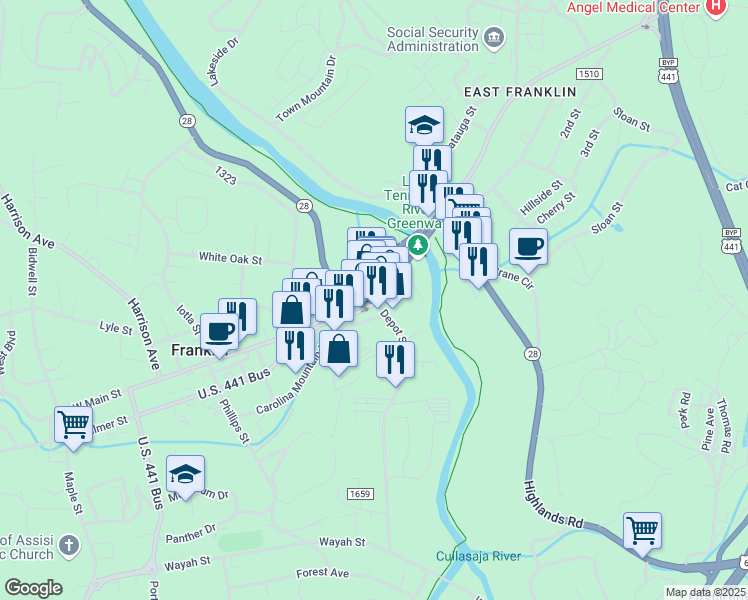 map of restaurants, bars, coffee shops, grocery stores, and more near 430 Northeast Main Street in Franklin