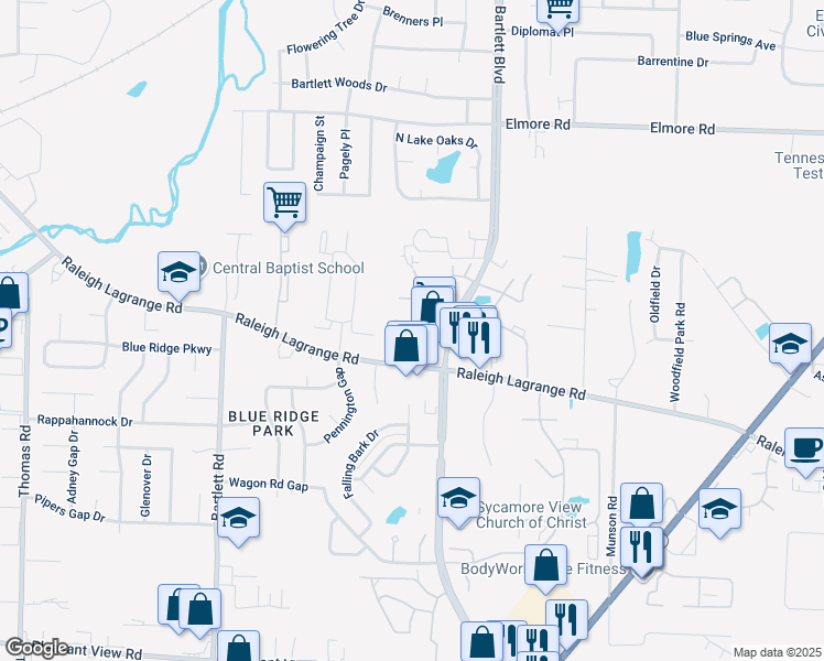map of restaurants, bars, coffee shops, grocery stores, and more near 2166 Deer Ridge Drive in Memphis