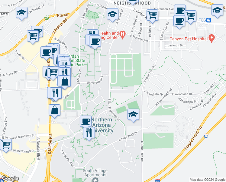 map of restaurants, bars, coffee shops, grocery stores, and more near San Francisco Trail in Flagstaff