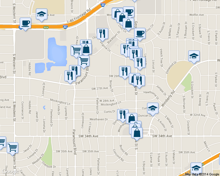 map of restaurants, bars, coffee shops, grocery stores, and more near 2815 Southwest 27th Avenue in Amarillo