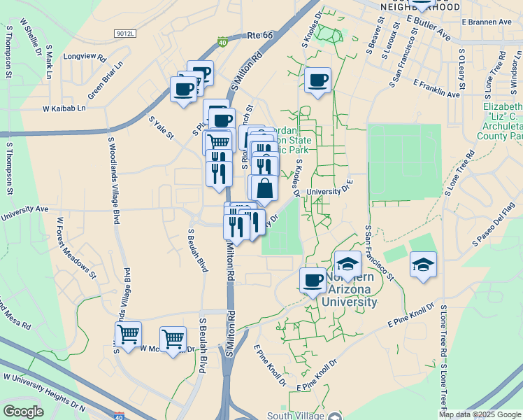 map of restaurants, bars, coffee shops, grocery stores, and more near 1650 South Milton Road in Flagstaff