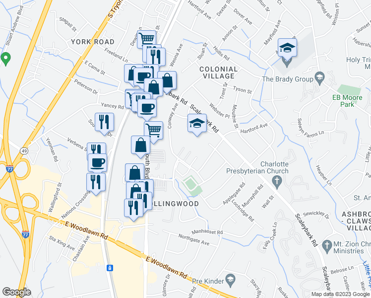 map of restaurants, bars, coffee shops, grocery stores, and more near 4105 Conway Avenue in Charlotte